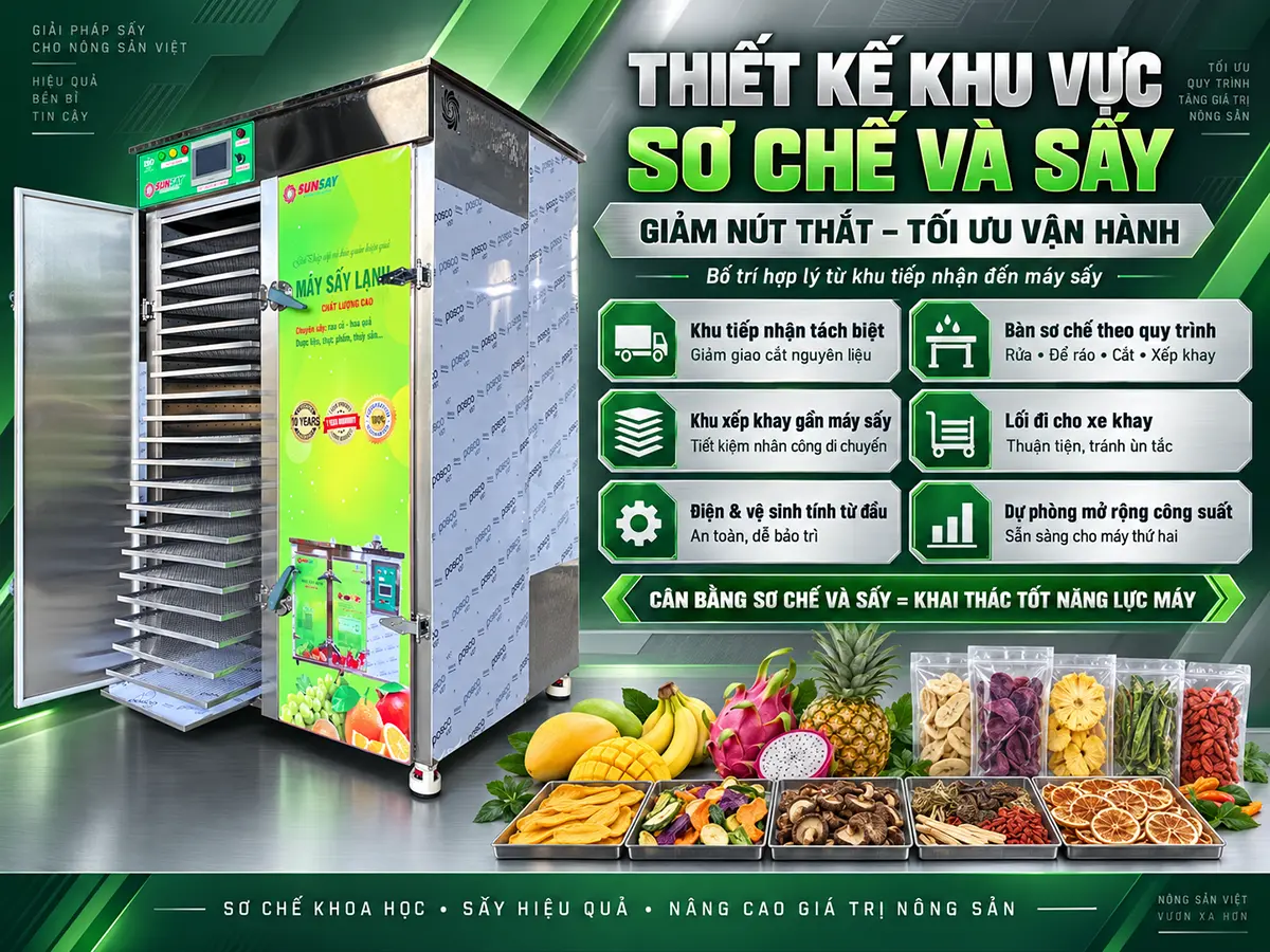 Thiết kế khu vực sơ chế và sấy hợp lý giúp hạn chế tình trạng máy chờ nguyên liệu hoặc nguyên liệu chờ máy.